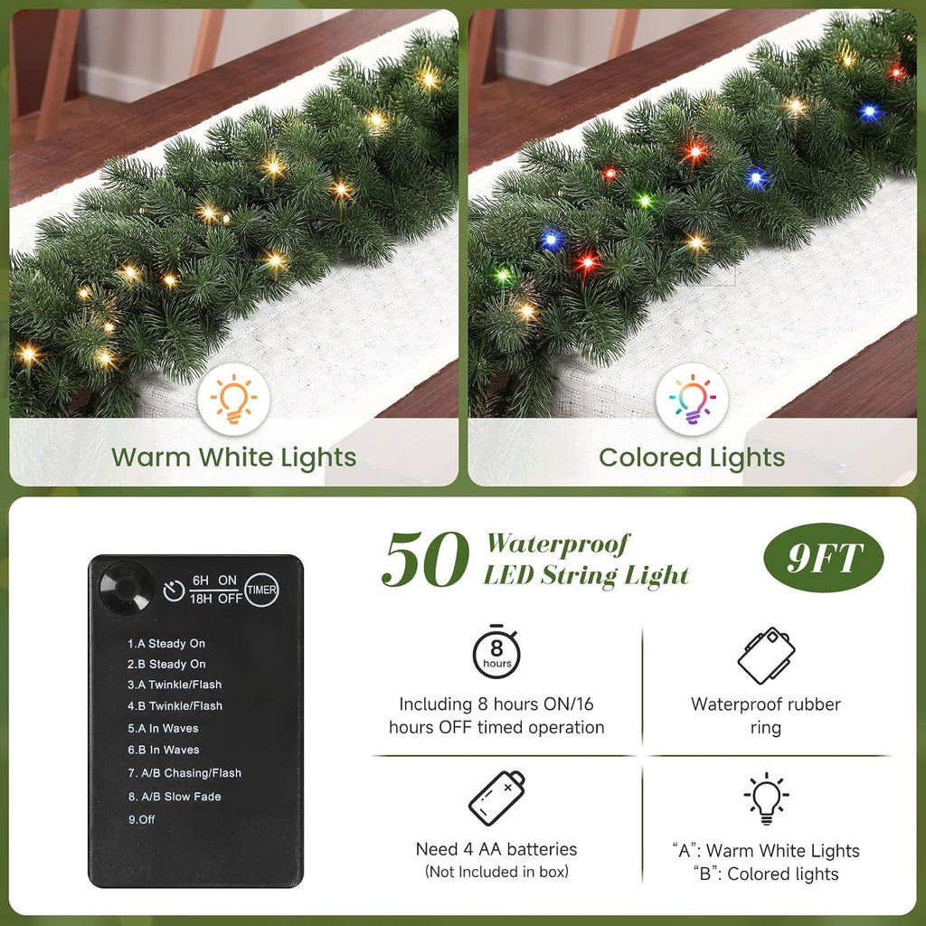 9FT Pre-Lit Christmas Garland, Lighted Norfolk Pine Garland