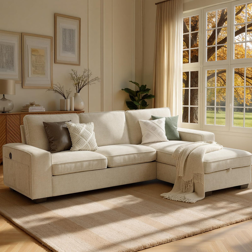 99" L-Shaped Sofa with Storage Chaise, Modern Sectional Couch, Beige