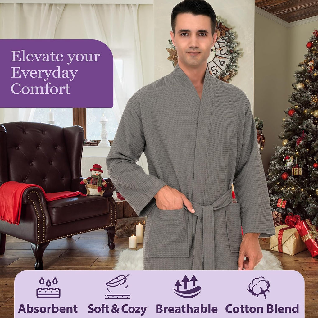 Mens Robe Waffle Spa Bathrobe Soft Shower Bath Robe for Men