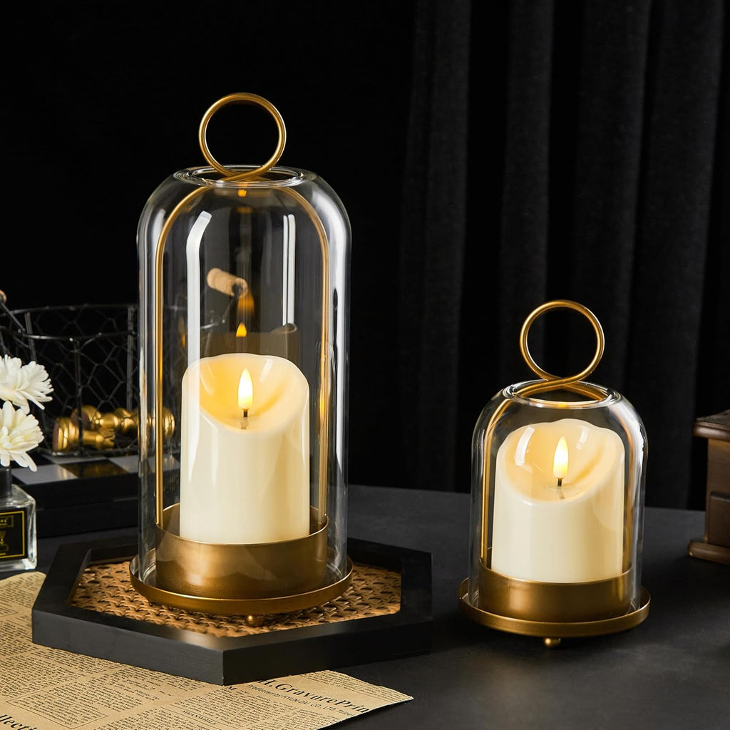 5"&4" Metal Candle Holder with Handmade Glass Dome in Brass & 2 Timer Candles, Set of 2 Versatile Hurricane Glass