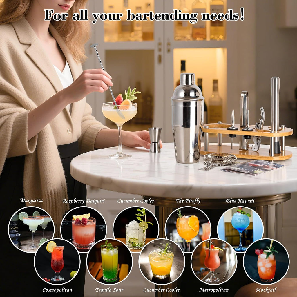 Cocktail Shaker Bartender Kit, Bar Tool Set with Bamboo Stand - Set of 11
