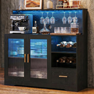 Wine Bar Cabinet with LED Lights Power Outlet Liquor Black