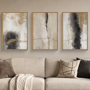 Large Modern Abstract Shapes Framed Canvas Wall Art Set, Neutral Black and White Wall Decor, Minimalist Nordic Wall