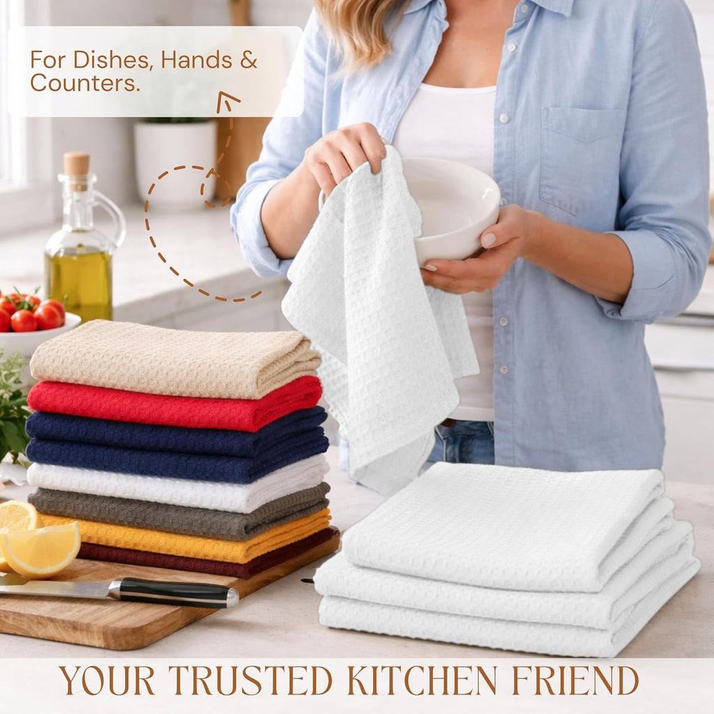 Waffle Kitchen Dish Towels 100% Cotton, Soft, Absorbent, Quick Drying, Multipurpose Use, Bar & Hand Towels, 16x26