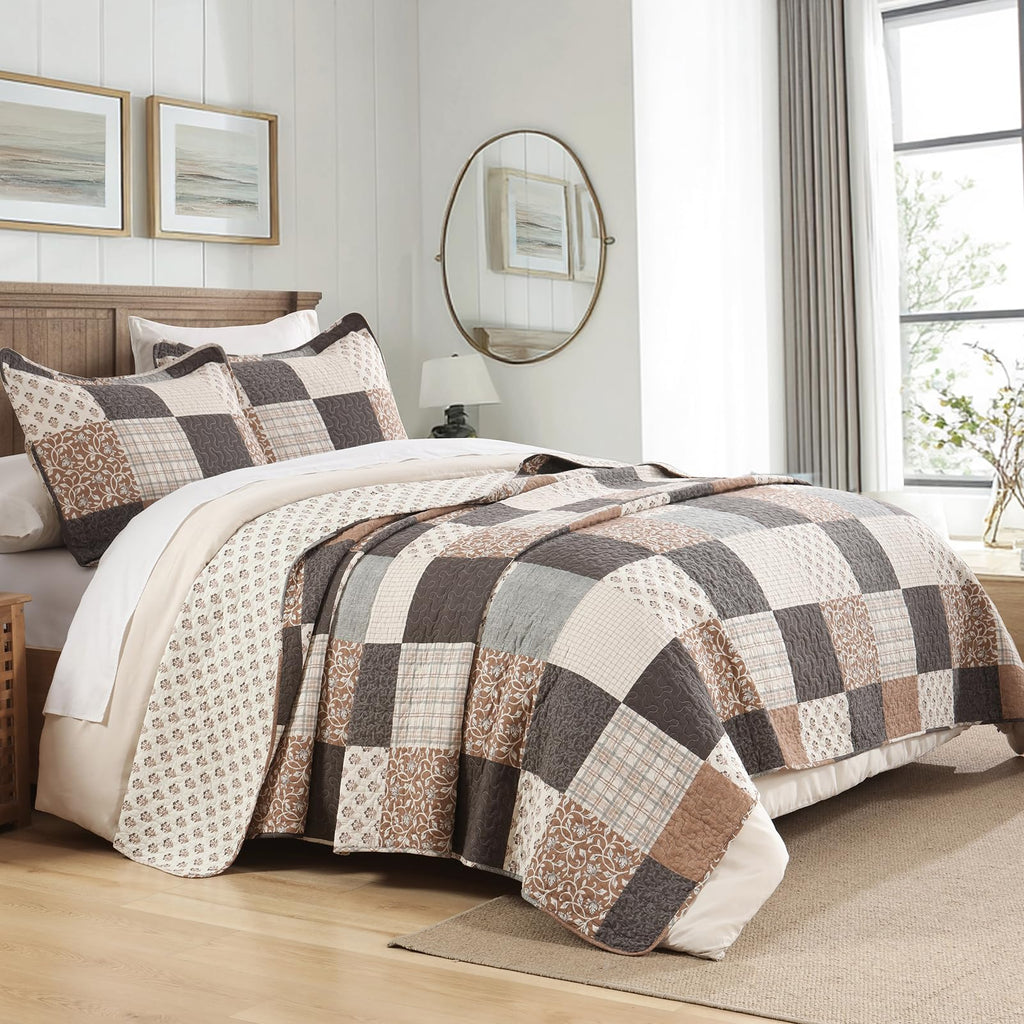 100% Cotton Quilt Set, Cottage Printed Check, Brown Charcoal