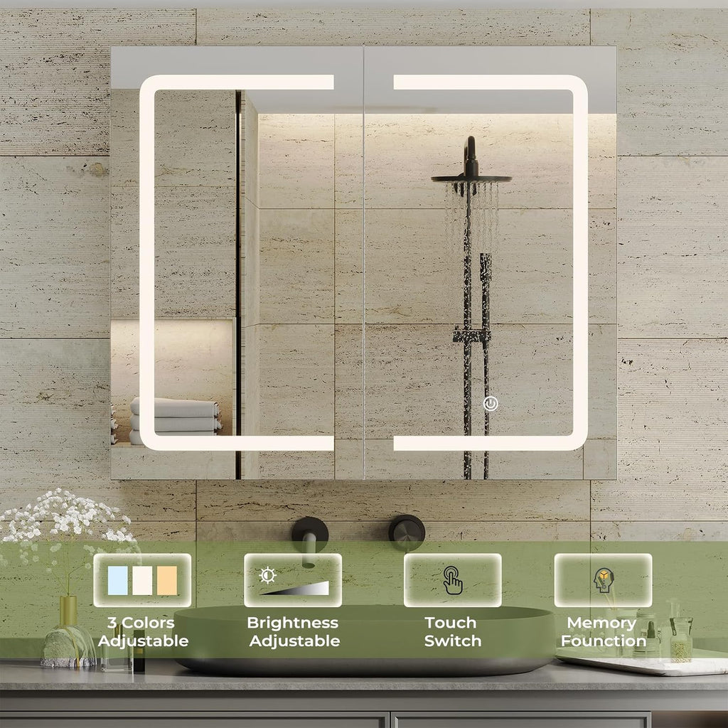 Bathroom Medicine Cabinet with Mirrors and Led Lights 27.6x23.62 inch Double Doors Wall Mounted Mirror Cabinet with