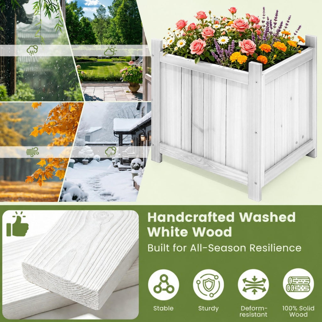 2-Pack 16" White Fir Wood Square Planter Boxes with Drainage Holes