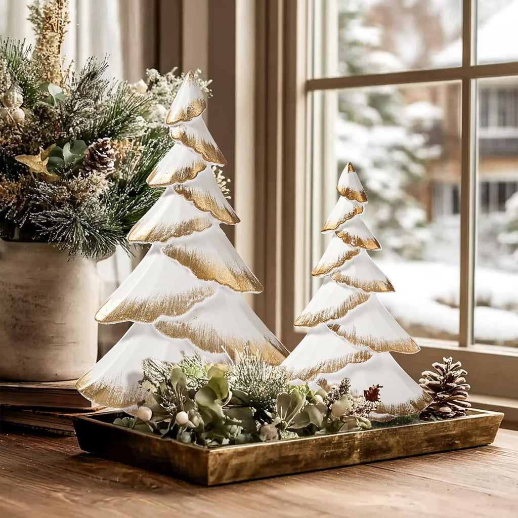 Christmas Tree Figurines Wood, 2PCS White & Gold Tabletop Trees