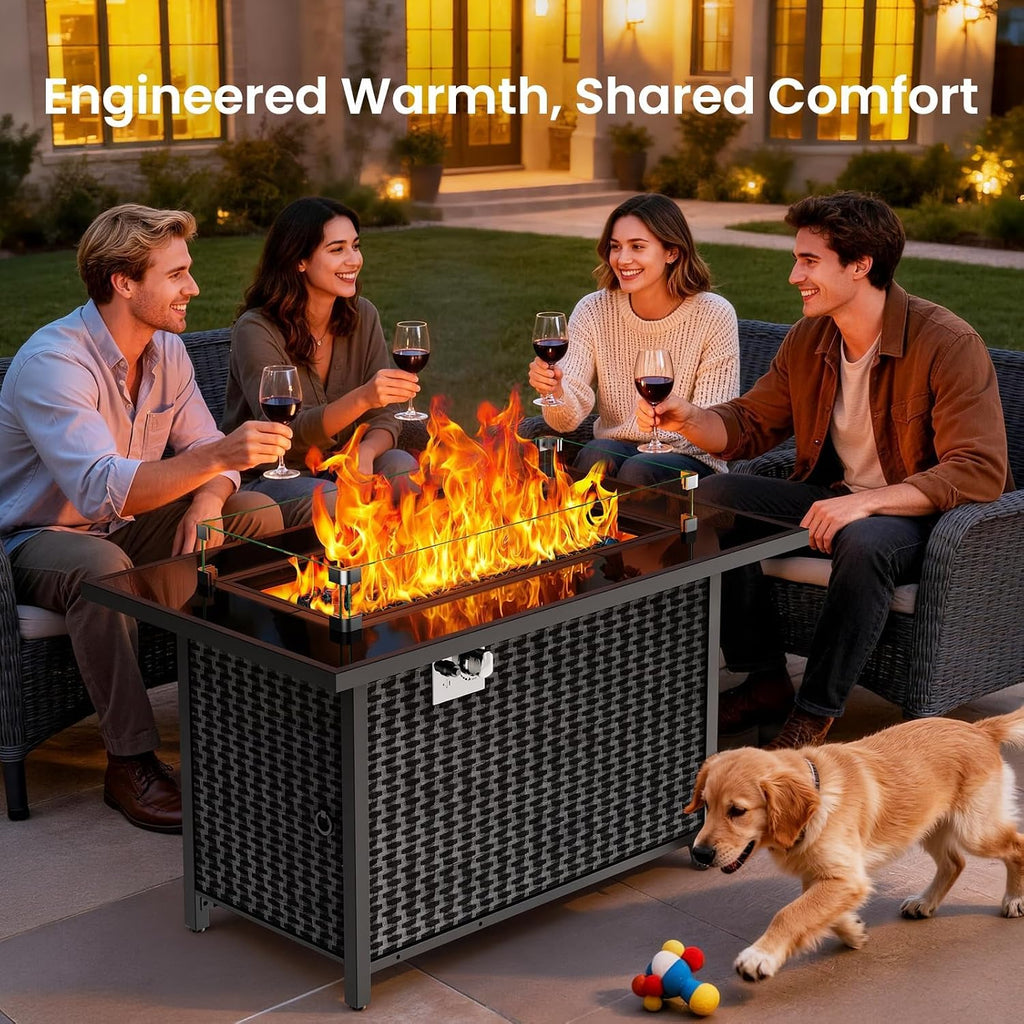 43′′ Propane Fire Pit with Glass Wind Guard, CSA-Listed 60,000 BTU Outdoor Gas Fire Pit Table, Tempered Glass Top
