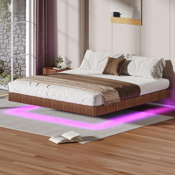 Classic Low Profile Floating Platform Bed, 10" High Floor Solid Wood Bed Frame With Led Ambient