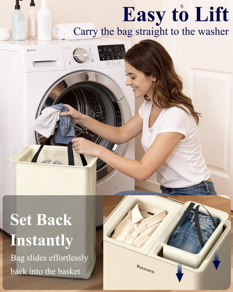Laundry Hamper with Lid 160L, 2-Compartment Sorter, Removable Bags