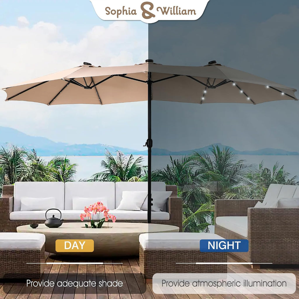 15ft Extra Large Outdoor Patio Umbrella with Solar Lights & Base, Beige | Rectangular Outdoor Umbrella
