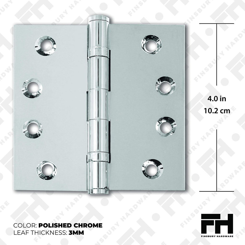 Solid Brass Chrome Door Hinge Heavy Duty Ball Bearing Shiny Silver 4x4 Inch with Decorative Screw-on Tips Included
