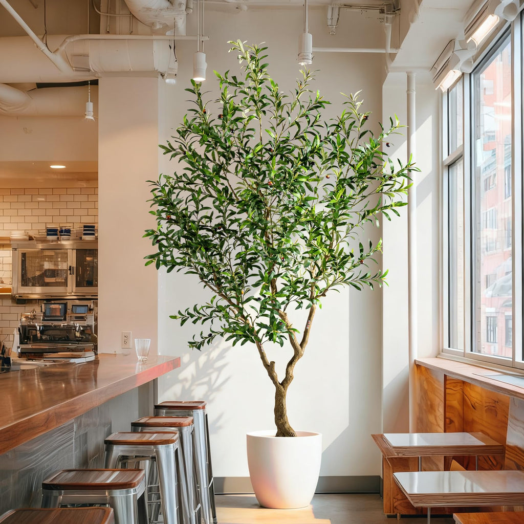 8FT Faux Olive Tree with Tall Exquisite Planter Artificial Olive Tree Tall, Potted Fake Olive Plant with 2070 Real