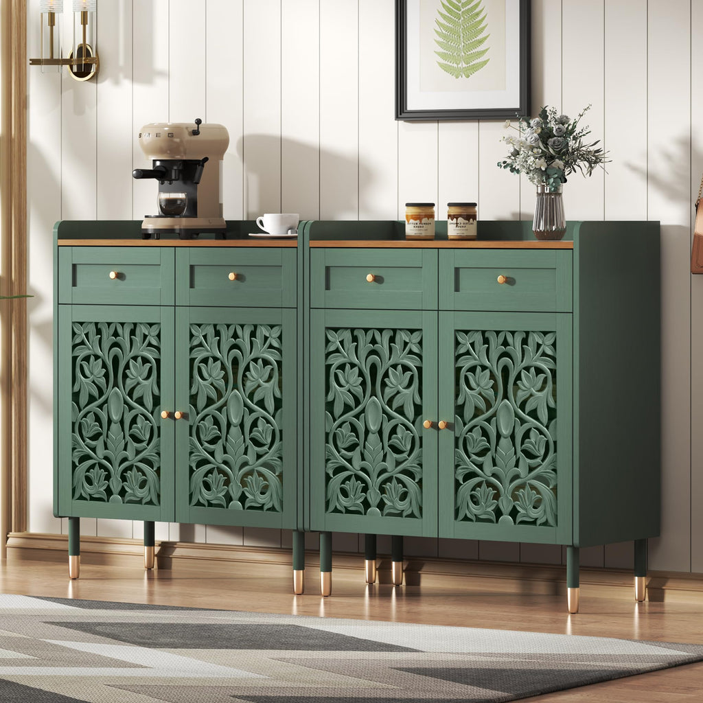 2 Door Retro Carving Sideboard Buffet Cabinet with 1 Drawer, Green