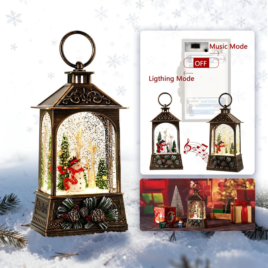 Christmas Lantern,Christmass Snow Globe Lantern Lights with 8 Christmas Songs,Battery & USB Powered,Christmass Snow