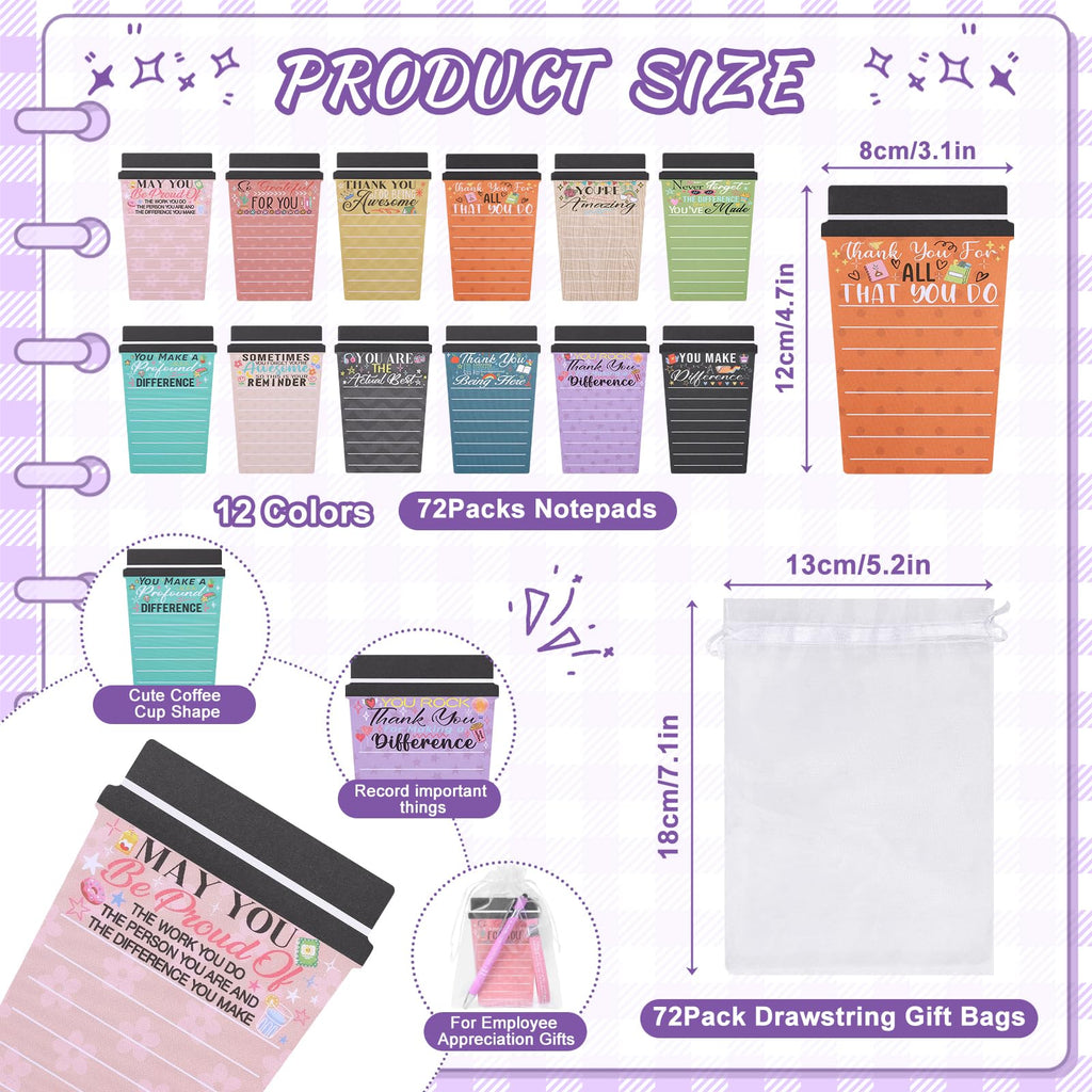 72 Set Employee Appreciation Gifts Bulk Team - 72Pack Coffee Cup Notepad+72 Ballpoint Pens+ 72 Drawstring Gift Bags