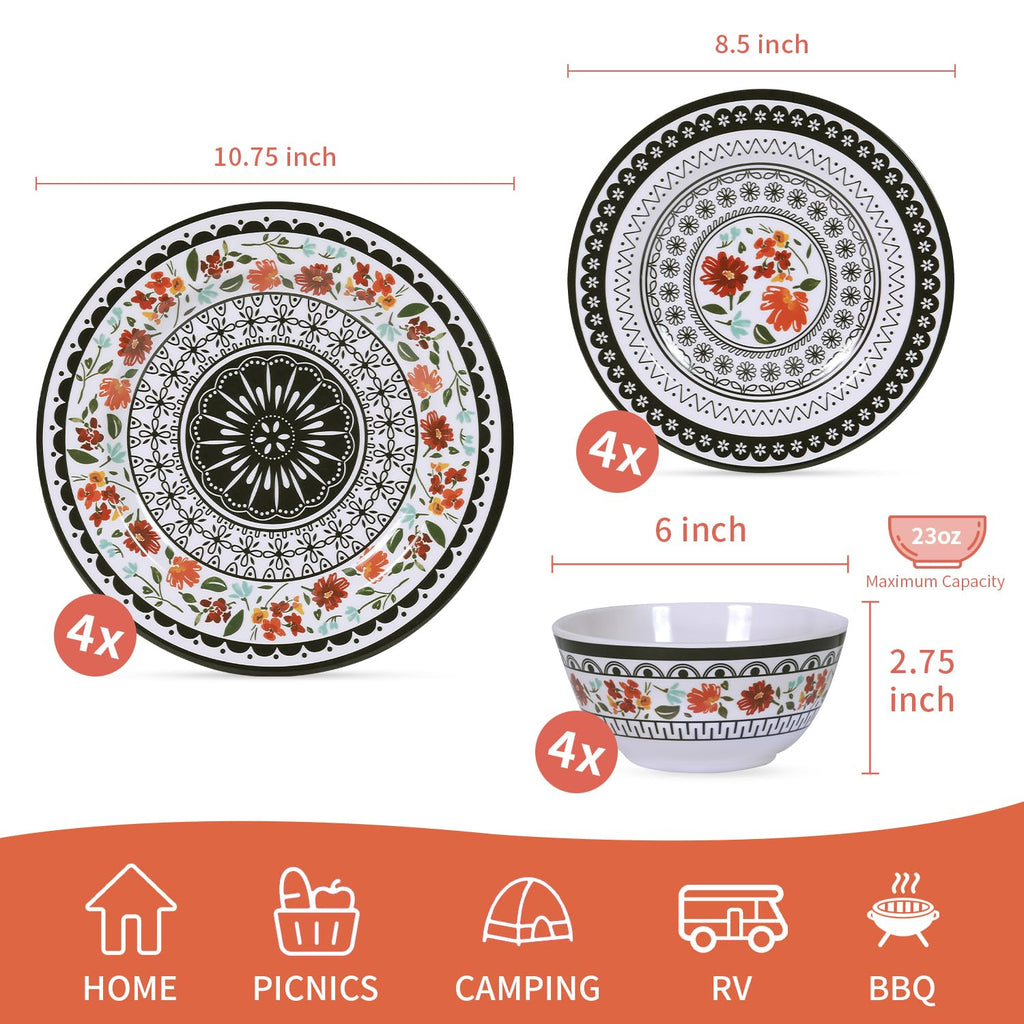 12-Piece Melamine Dinnerware Sets, Unbreakable Black white Plates and Bowls