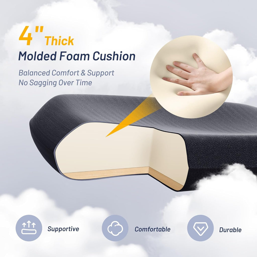 Office Desk Chair for Long Hours & Lower Back Pain Relief - 4" Thick Molded Foam Cushion, Enhanced Lumbar Support