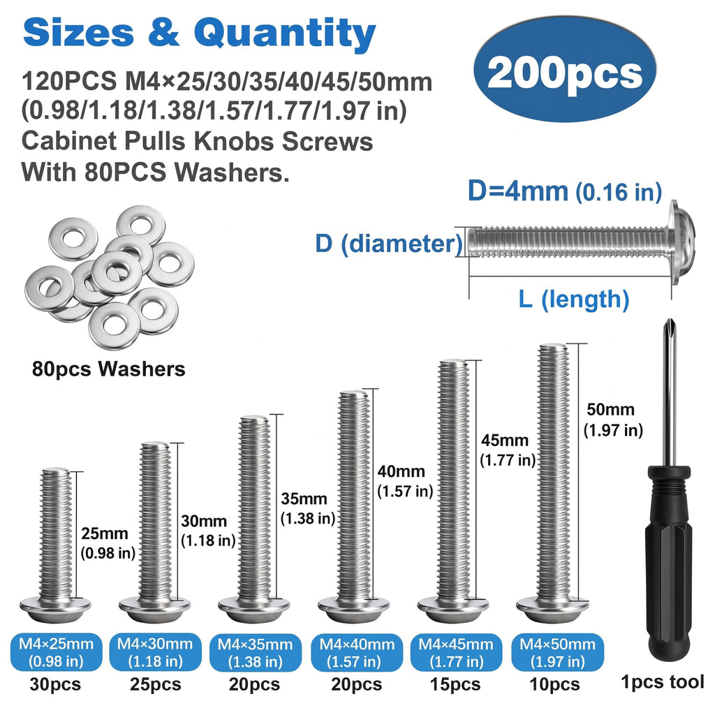 200PCS M4 Cabinet Pulls Knobs Screws,M4 Machine Screws,M4×25/30/35/40/45/50mm Phillips Pan Head Drawer Screws with