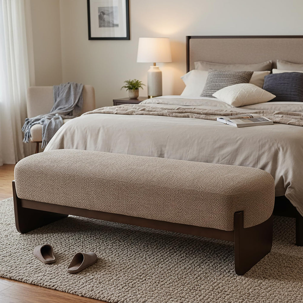 Arden Minimalist Style Rectangular Loop Yarn Fabric Ottoman Bench, Rubberwood Frame, Entryway Bench, Living Room Sofa