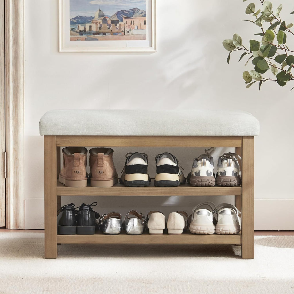 2 Tier Shoe Rack Bench with Cushion, Solid Wood Shoe Benches, Mid-Century Modern Shoe Storage Bench , Closet, Front