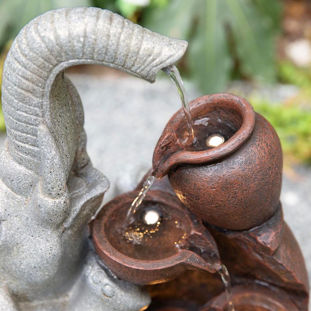 Outdoor Water Fountain, 4-Tiered Elephant and Pot Outdoor Fountain with Lights, 18.5" H Polyresin Decorative