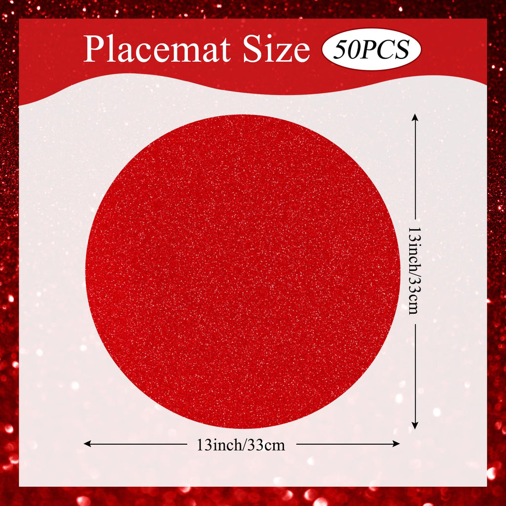 50 PCS Red Paper Placemats Round Place Mat Glitter Disposable Paper Charger Doilies Tablemats for Christmas