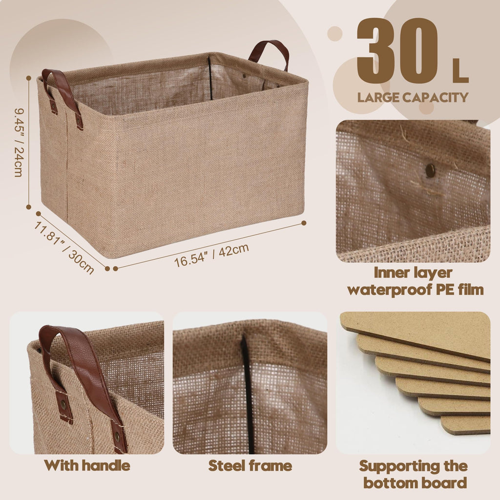 Square Jute Storage Basket with Internal Frame Support - Structured Organizer 42x30x25cm for Shelves, Cabinets, Home