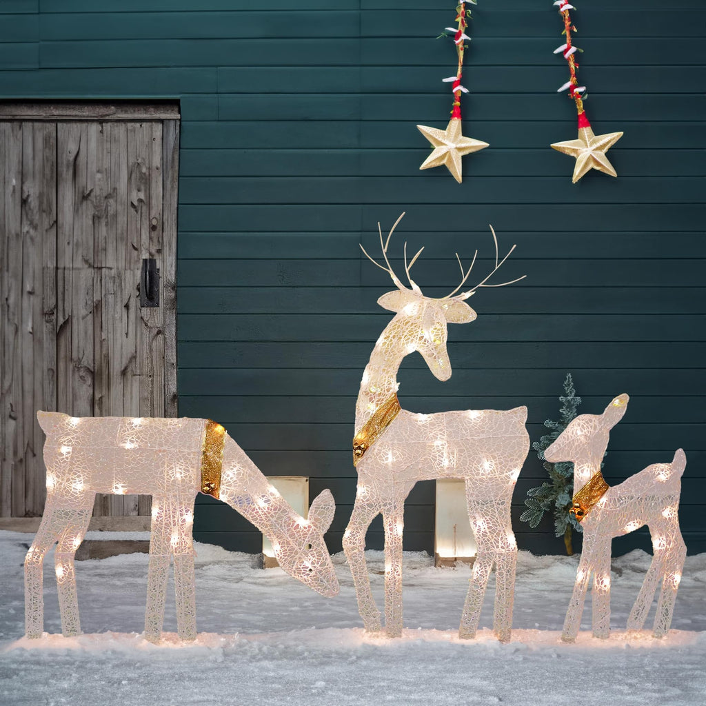 Christmas Outdoor Decoration, 3-Piece Lighted 2D Reindeer Family with 60 L, Pre-Lit Light Up Deer Set, Waterproof