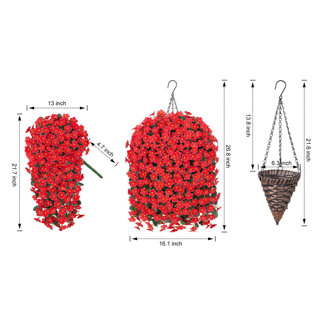 Artificial Hanging Flowers with Baskets for Decor, Fake Silk Red Hanging Daisy Orchid Flowers Plants, Faux Flower
