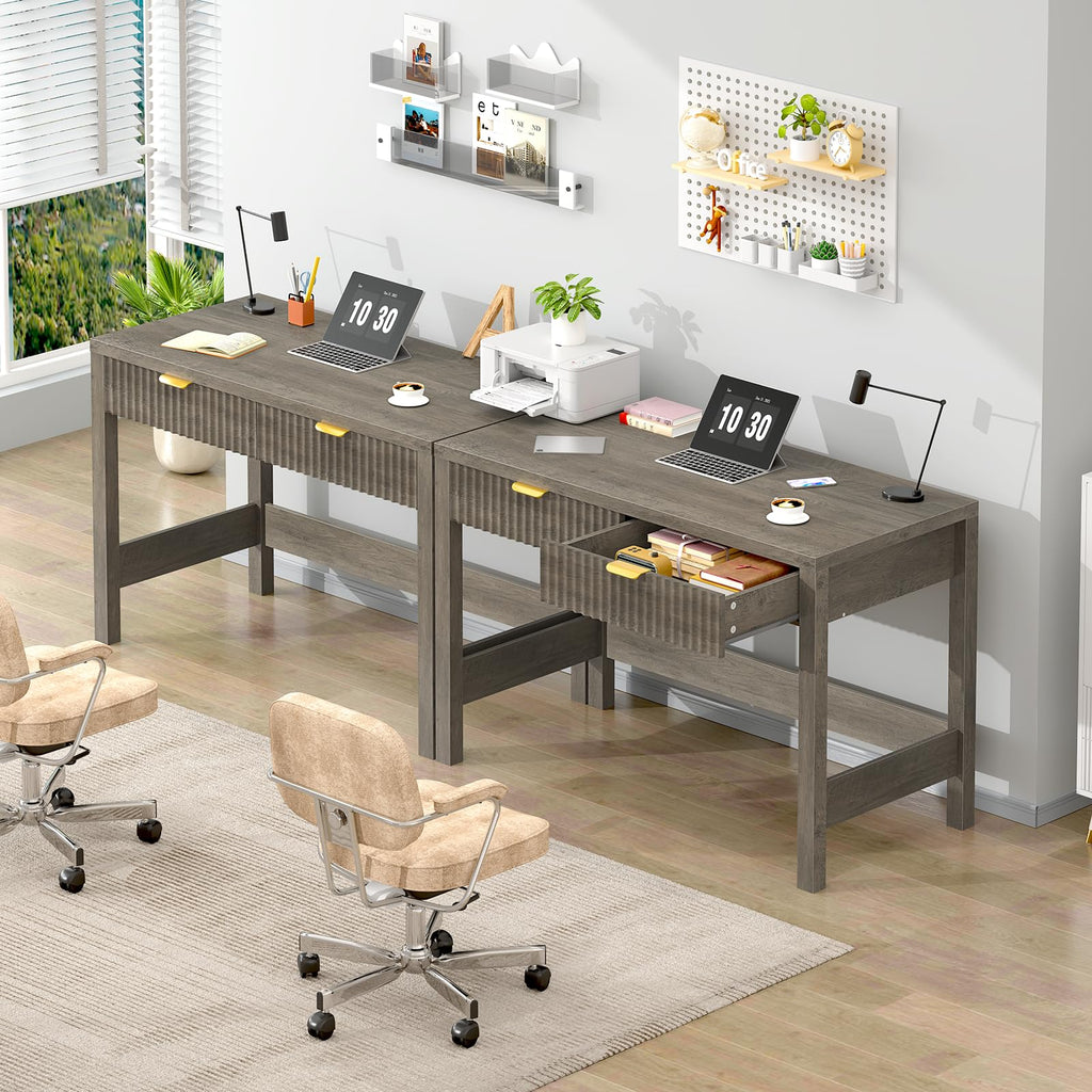 39 Inch Small Fluted Computer Desk with 2 Drawers