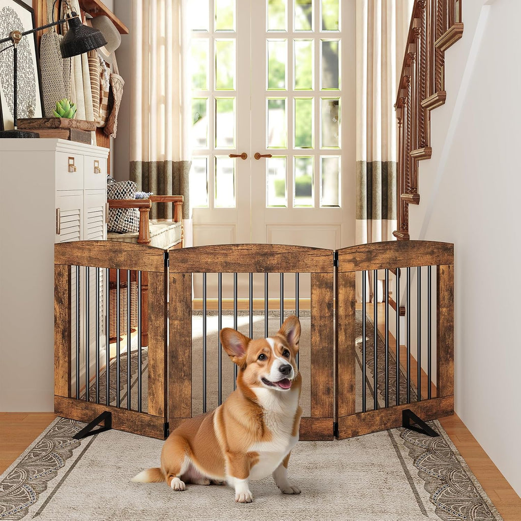 Indoor Dog Gate with Support Feet, Freestanding Pet Gate for Doorway, Stairs, 24 Inch 3 Panels, Folding Dog Fence