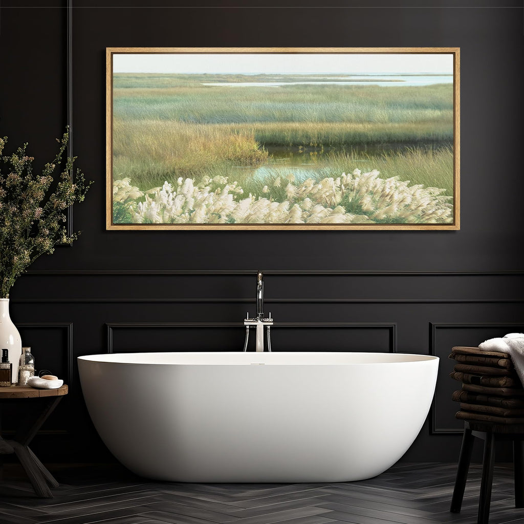 Extra Large Framed Canvas Print Wall Art Tranquil Marshland Soft Pastel Landscape with Golden Reeds and Calm Water