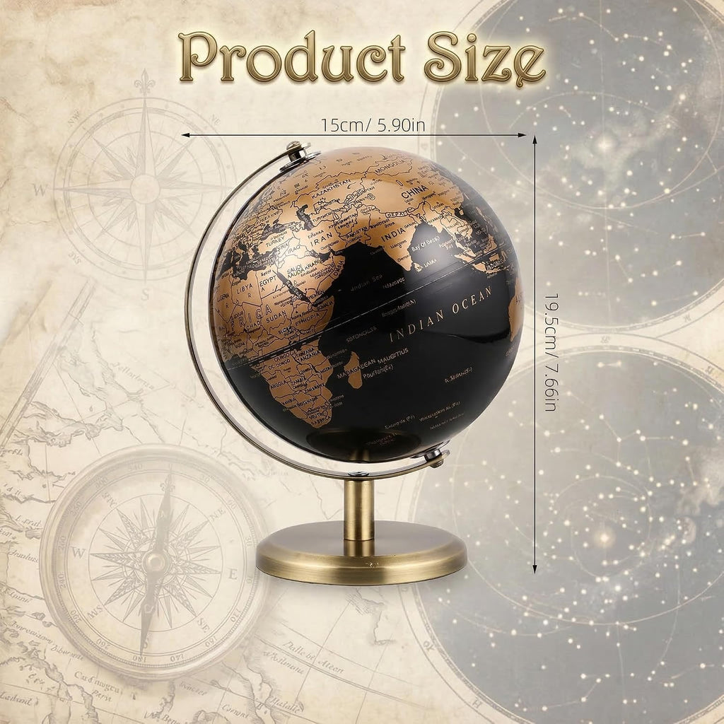6 Inch Small World Globe with Antique Bronze Stand Black Gold Earth Desktop Decor for Kids & Adults Geography