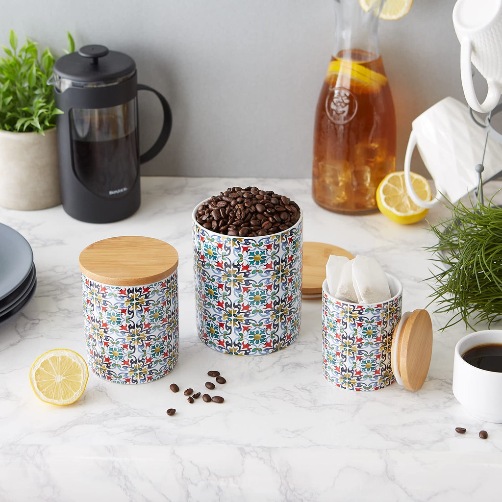 Kitchen Ceramics Collection Canister Set, Floral Tile, 3 Piece