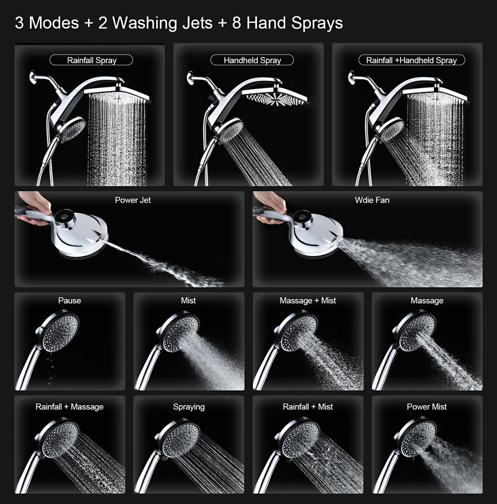 High Pressure Rain Shower Head: Upgrade Shower Heads with Handheld Spray Combo with Fixed Showerhead and 10 Sprays