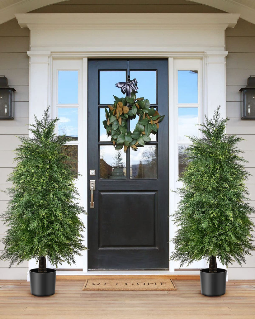 2 Pack 4ft Artificial Cedar Topiary Trees, Outdoor Artificial Plants for Front Porch Décor, Artificial Shrubs Fake