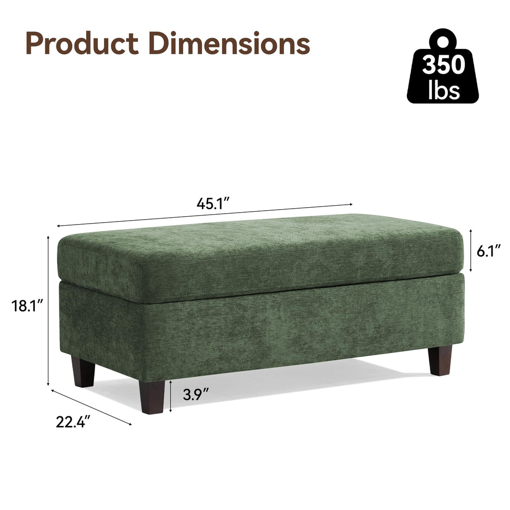 45 Inch Large Storage Ottoman Bench with Wooden Tray Coffee Table, Green Chenille Upholstered Foot Rest