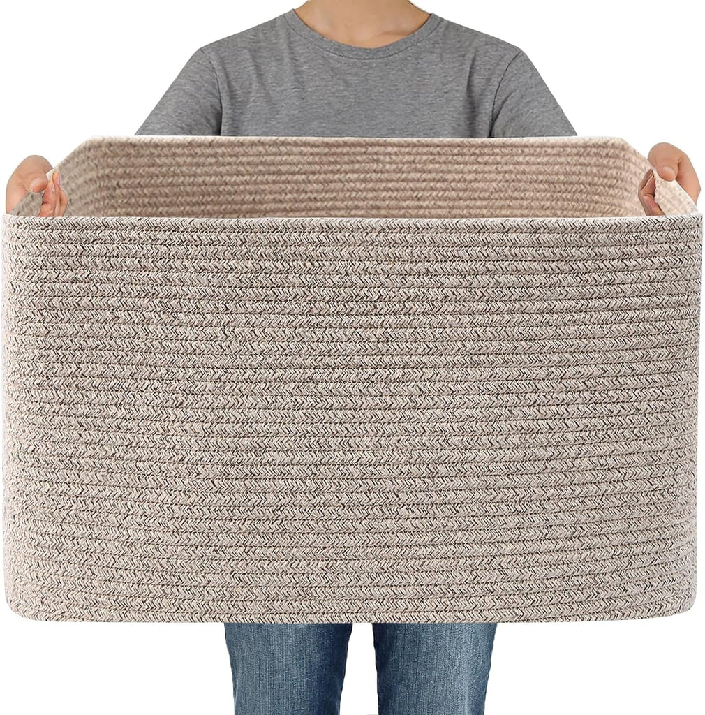 65L Large Woven Cotton Rope Blanket Basket, Oatmeal | Blanket Storage Use, Freestanding with Reinforced Handles