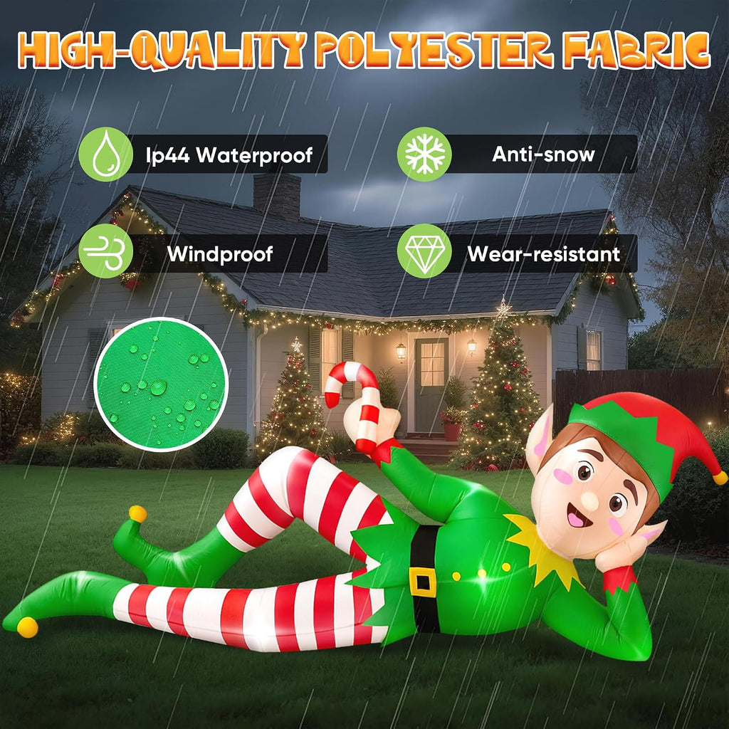 8 FT Christmas Inflatable Outdoor Decoration, Lying Elf Christmas Blow up Yard Decorations with LED Lights, Elf