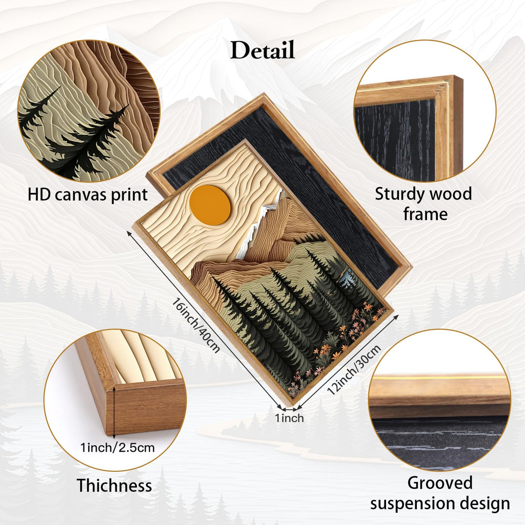 Mountain Forest Framed Canvas Wall Art Set Of 3, Rustic Nature Wall Decor, Scenic Lake Sunrise Landscape Painting