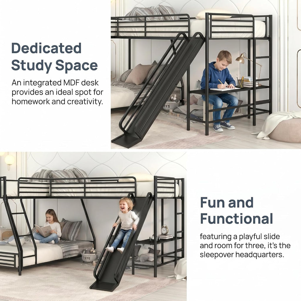 Triple Bunk Beds, L-Shape Twin Over Full Bunk Bed Attached a Loft Bed with Desk, Triple Bunk Beds with Slide