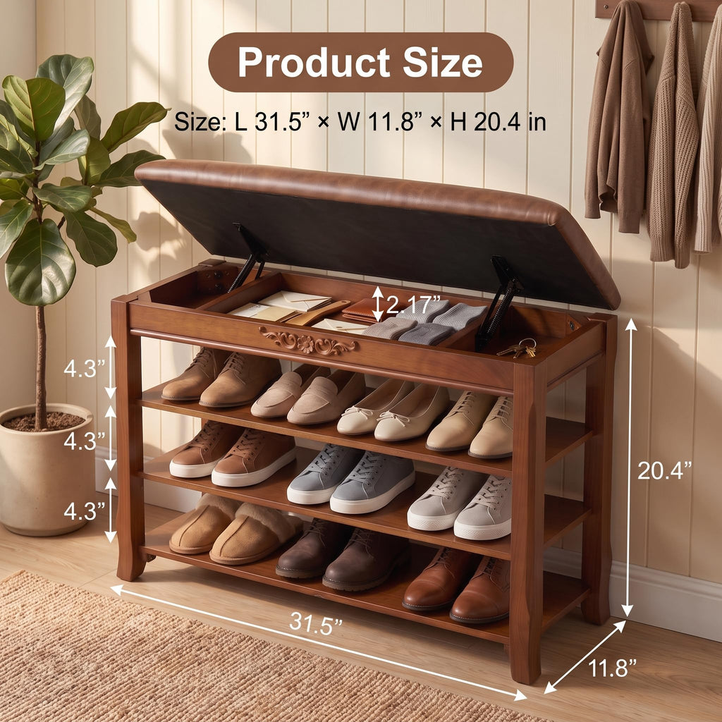 Solid Wood Shoe Rack Bench Entryway Storage with Leather Cushion, 31.5"