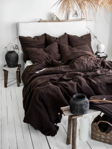 Bedding Set in Chocolate - Duvet Cover & 2 Pillowcases Set in Size with Button Handmade