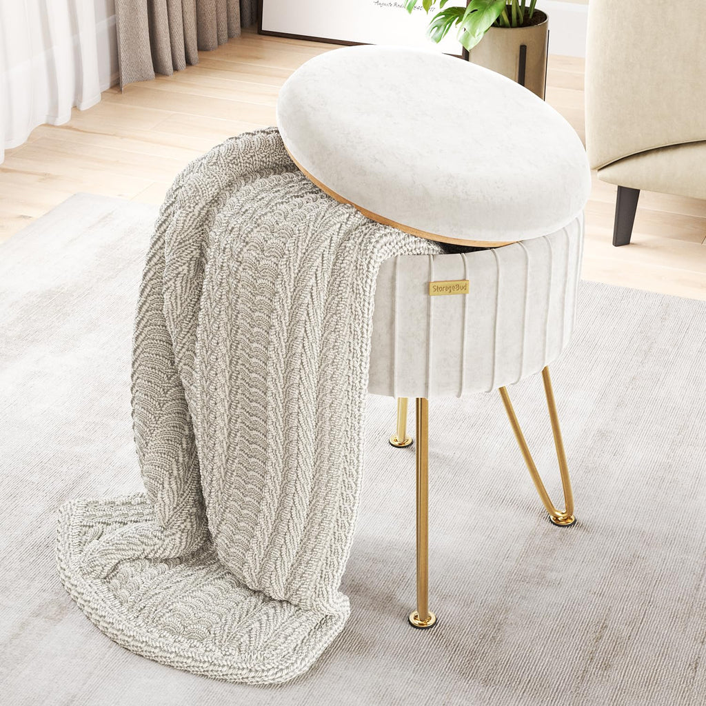 Round Ottoman with Storage, Pleated Velvet Storage Ottoman, Foot Stool Ottomans, Makeup Vanity Stool, Small Ottomans