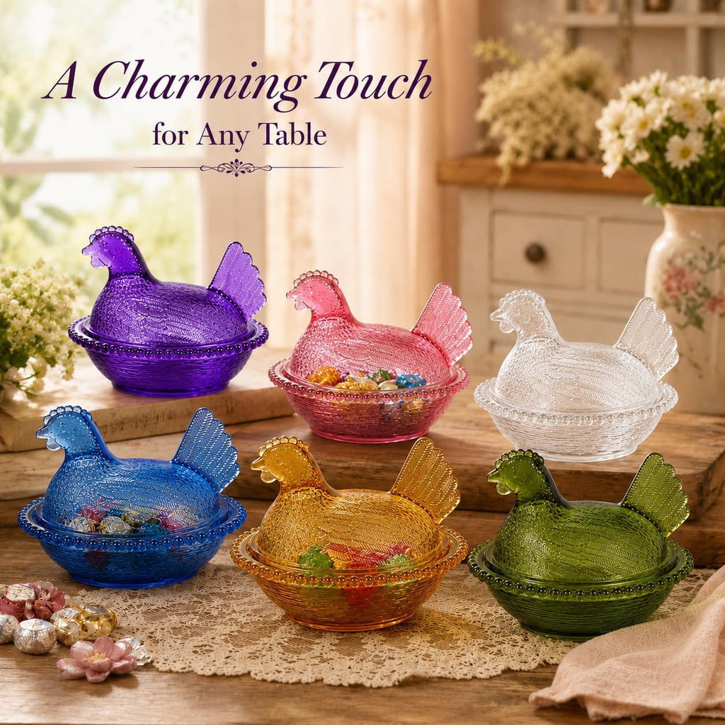 Chicken Shaped Crystal Candy Dish with Lid - Snack Bowl for Nuts, Dessert & Candy - Decorative Jar Kitchen, Office