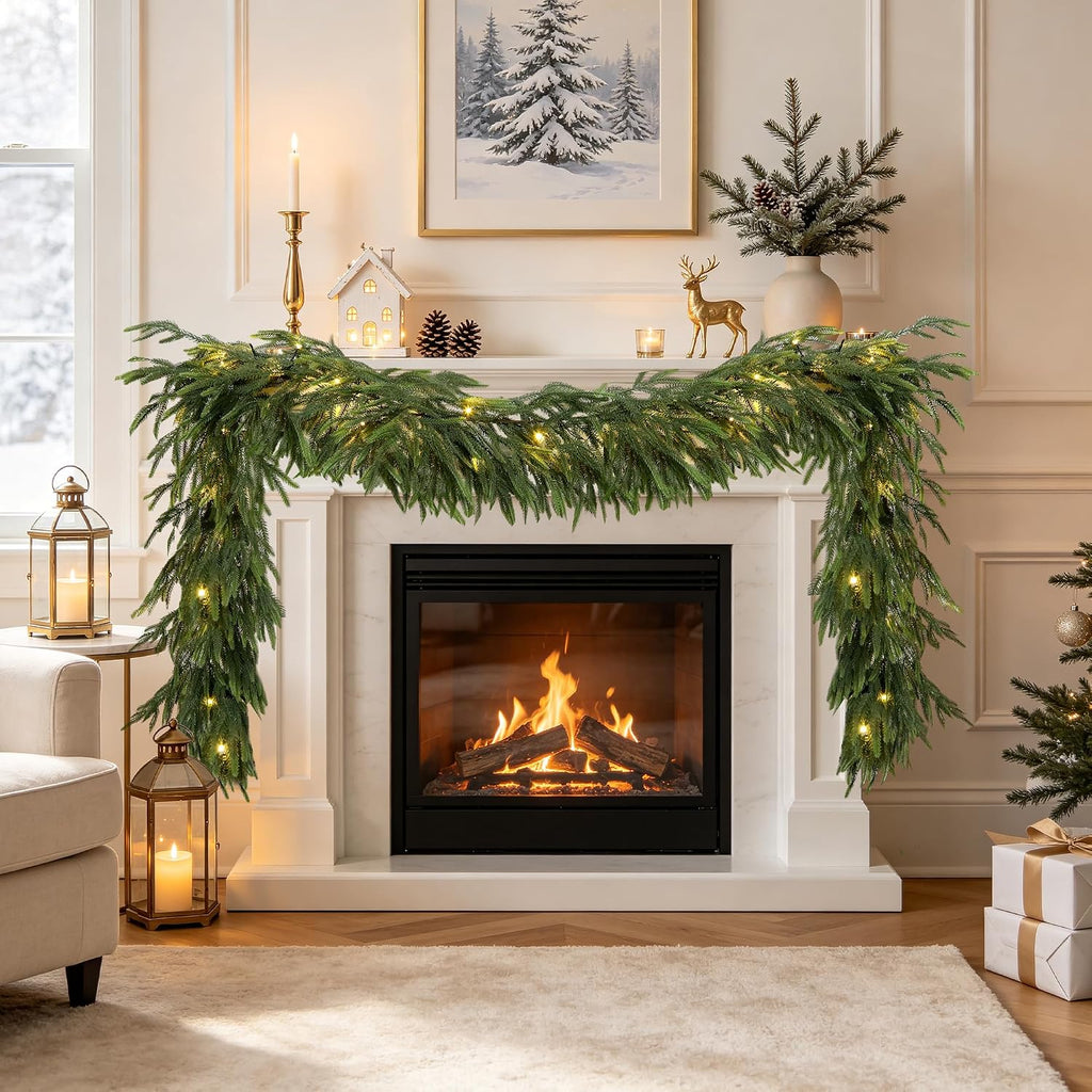 9FT Soft Touch Artificial Norfolk Pine Christmas Garland with Timer Lights