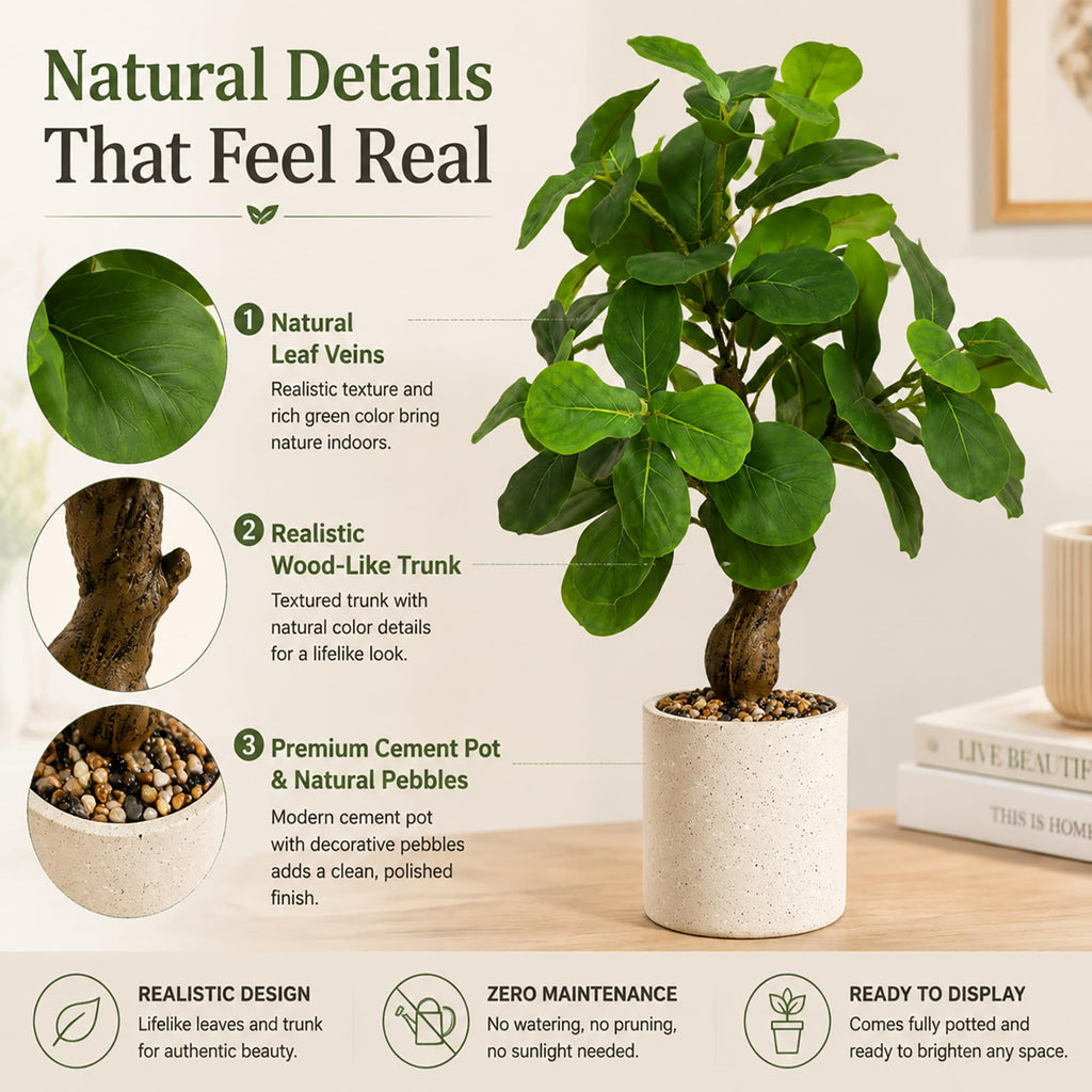 17.5 Inch Artificial Fiddle Leaf Fig Tree in Cement Pot with Pebbles, Realistic Faux Potted Plant, Zero-Maintenance