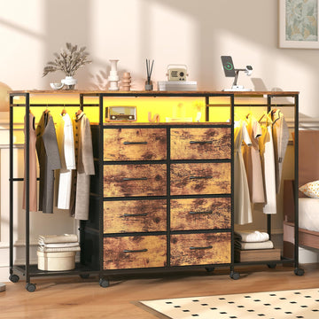 59.1" W with Hanging Rack, 8 Drawer with LED Lights & Charging Station, Fabric Dressers with Portable Wheels, Metal